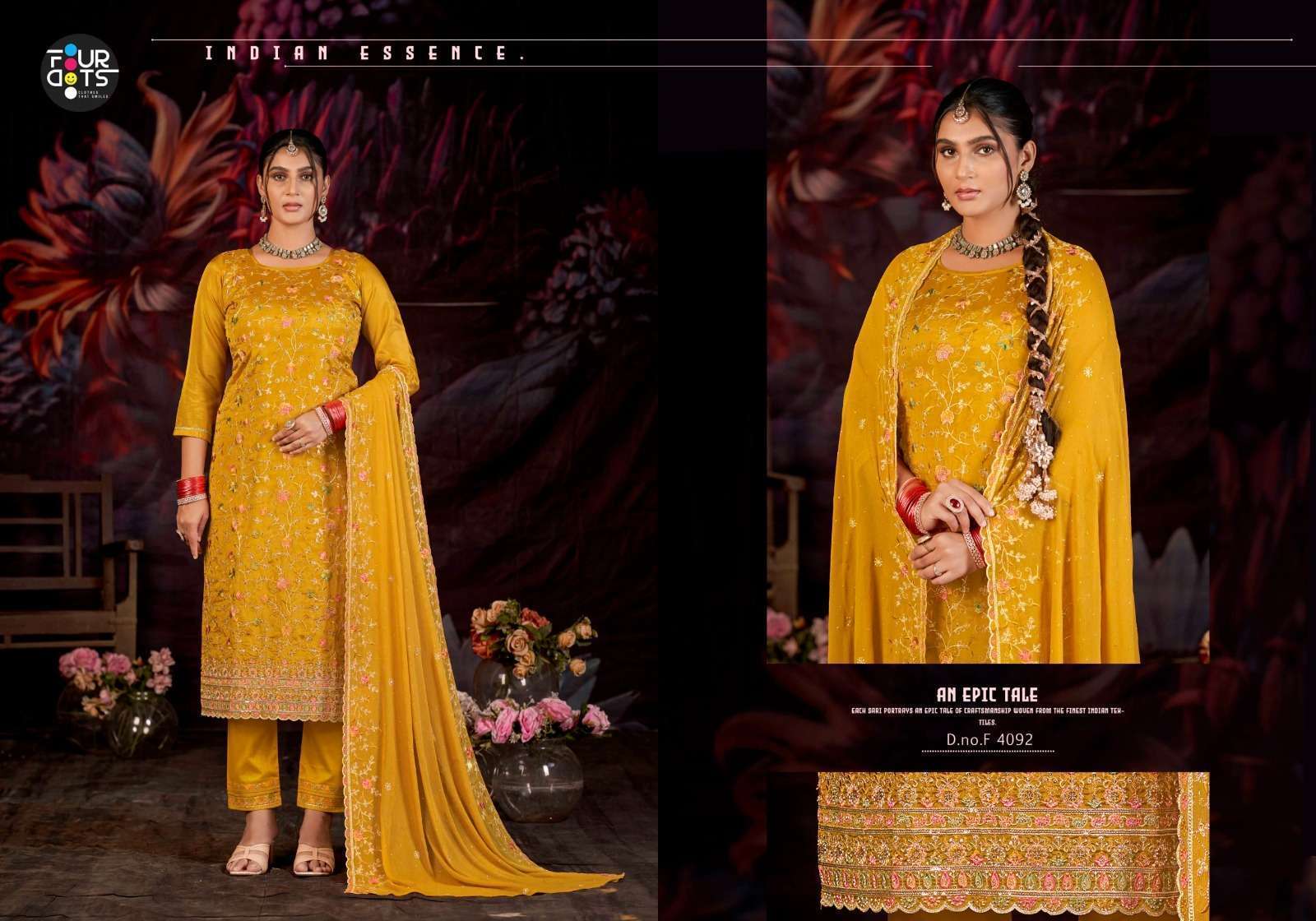FOURDOTS GOLDEN PEARL DESIGNER ORGANZA SUIT CATALOG WHOLESALER 
