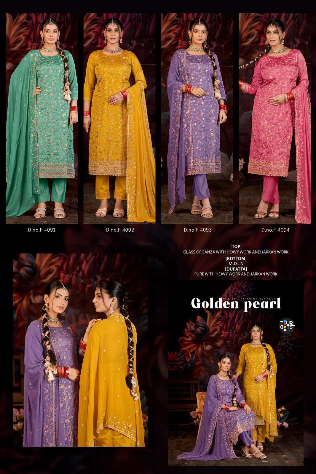 FOURDOTS GOLDEN PEARL DESIGNER ORGANZA SUIT CATALOG WHOLESALER 