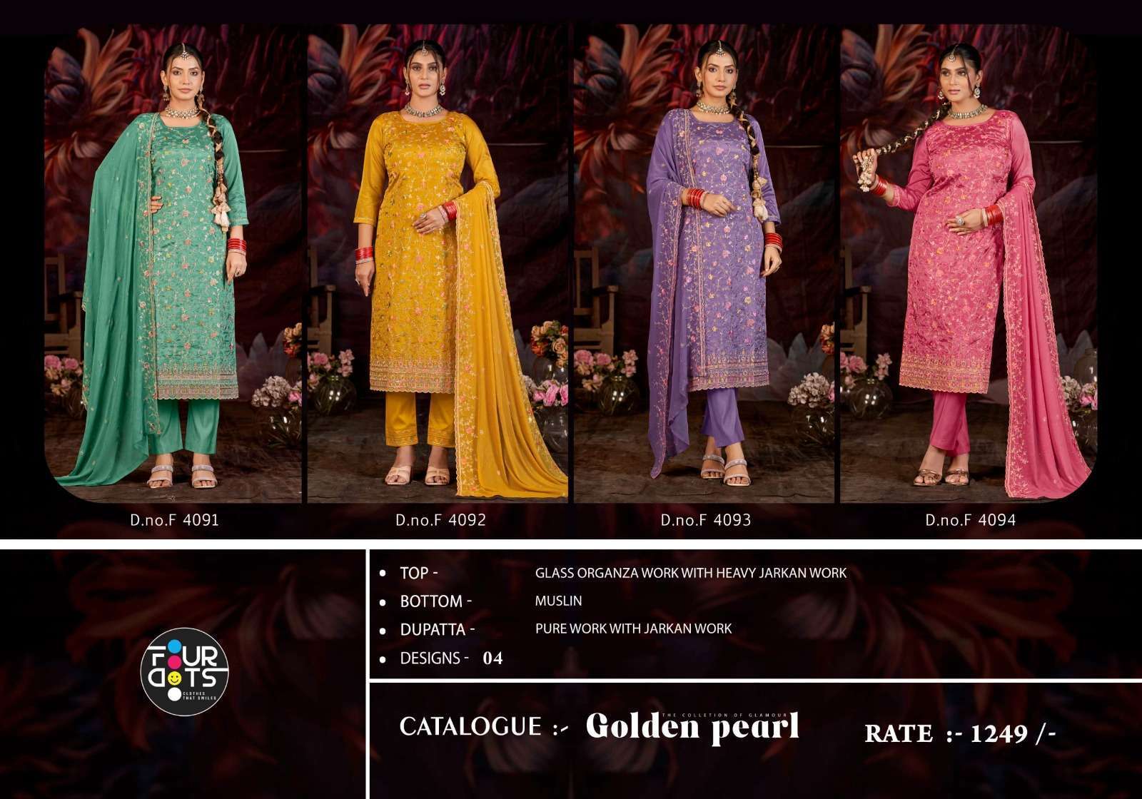 FOURDOTS GOLDEN PEARL DESIGNER ORGANZA SUIT CATALOG WHOLESALER 