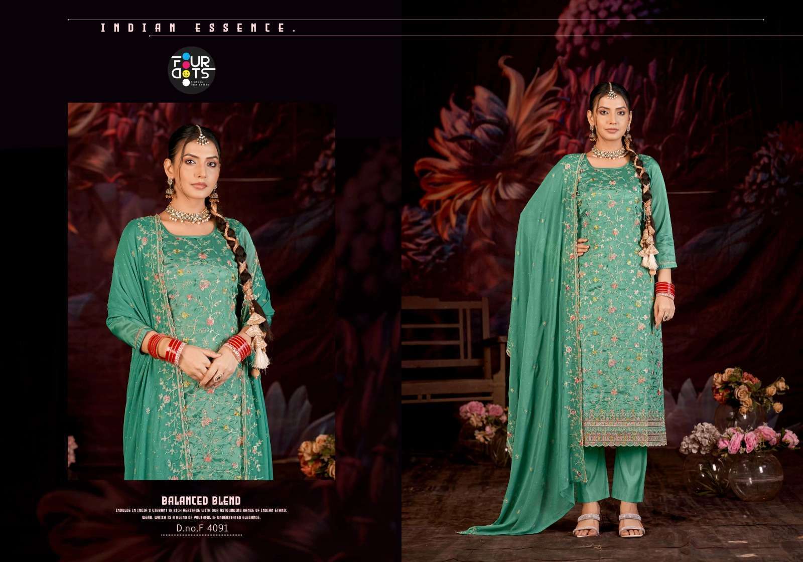 FOURDOTS GOLDEN PEARL DESIGNER ORGANZA SUIT CATALOG WHOLESALER 