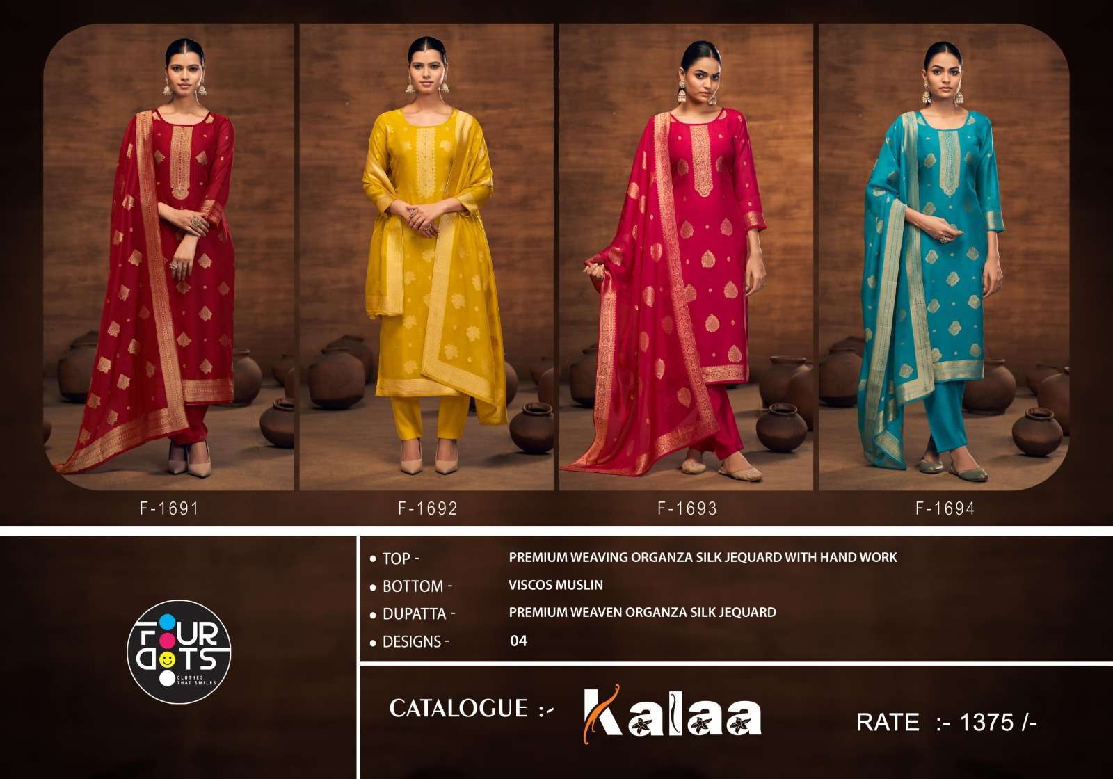 FOURDOTS KALAA PREMIUM DESIGN ORGANZA SILK SUIT CATALOG WHOLESALER 2025