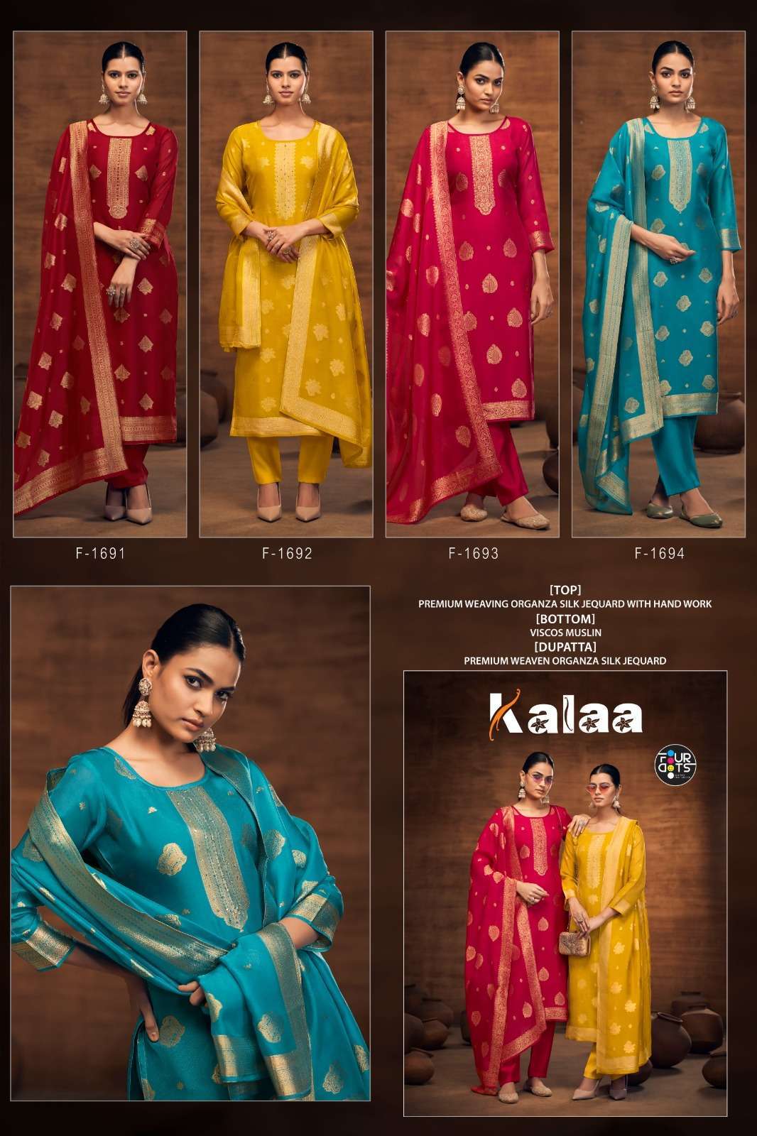 FOURDOTS KALAA PREMIUM DESIGN ORGANZA SILK SUIT CATALOG WHOLESALER 2025