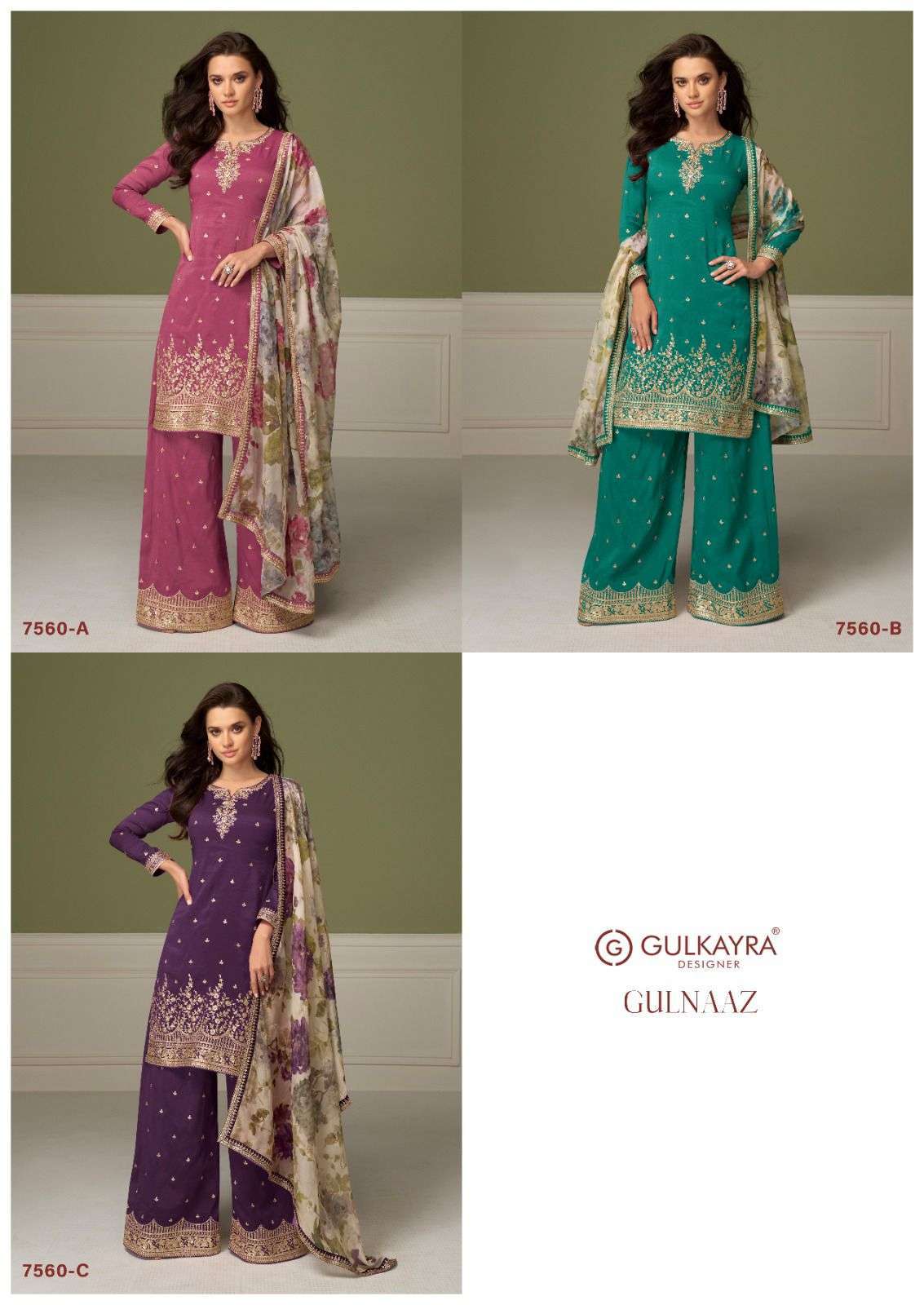 GULKAYRA GULNAAZ 7560 COLORS WEDDING WEAR 3 PIECE PALAZZO SUIT WHOLESALER IN SURAT 