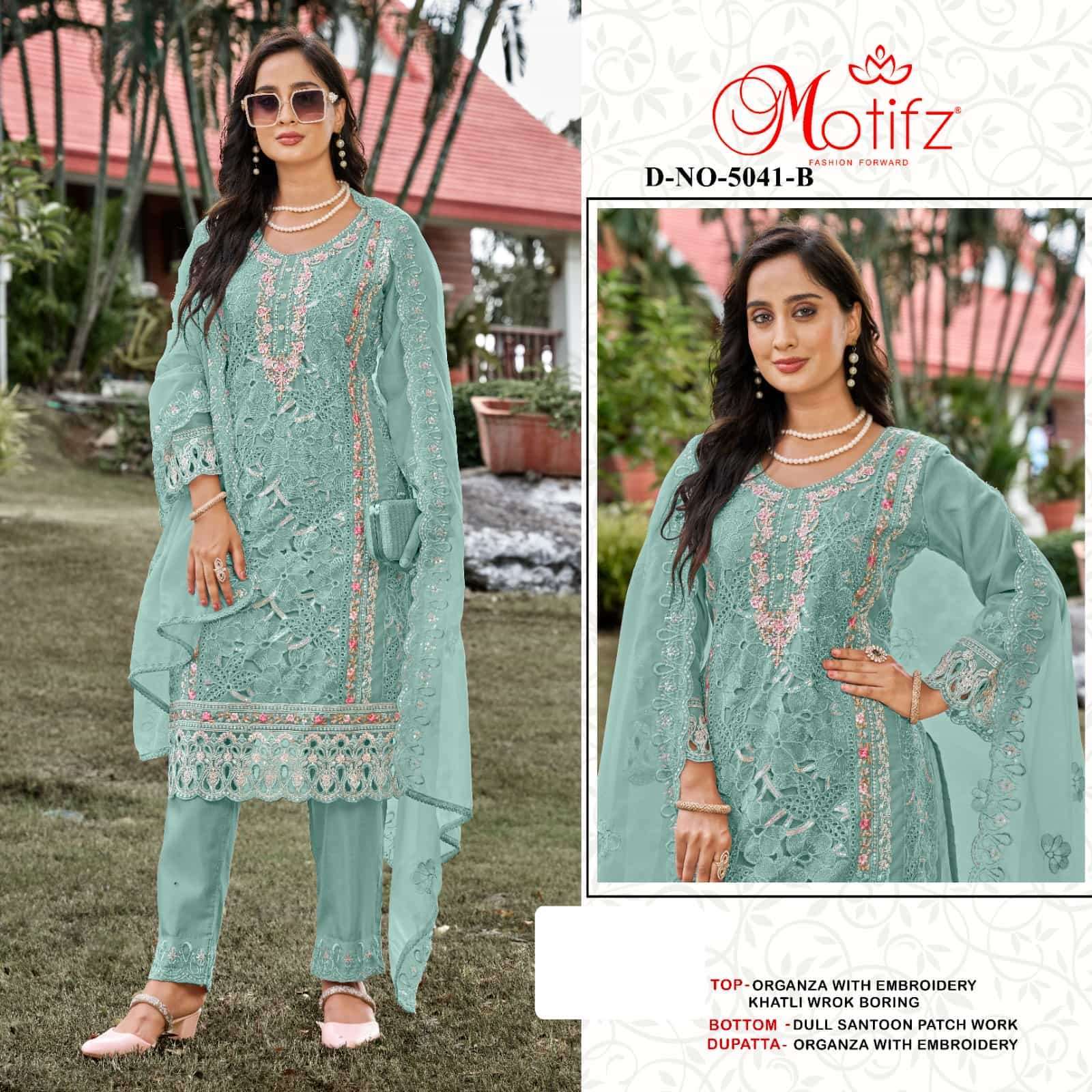 MOTIFZ D 5041 COLORS PAKISTANI ORGANZA DESIGNER SUIT CATALOG WHOLESALER BEST RATE 