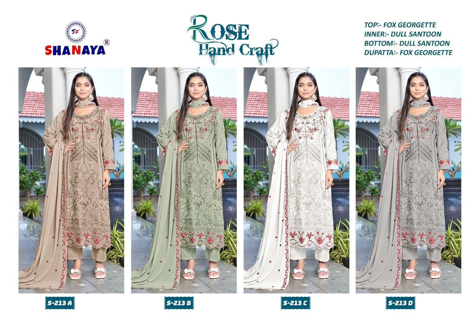 SHANAYA S 213 COLORS PAKISTANI DESIGNER ORGANZA SUTI WHOLESALER IN SURAT 