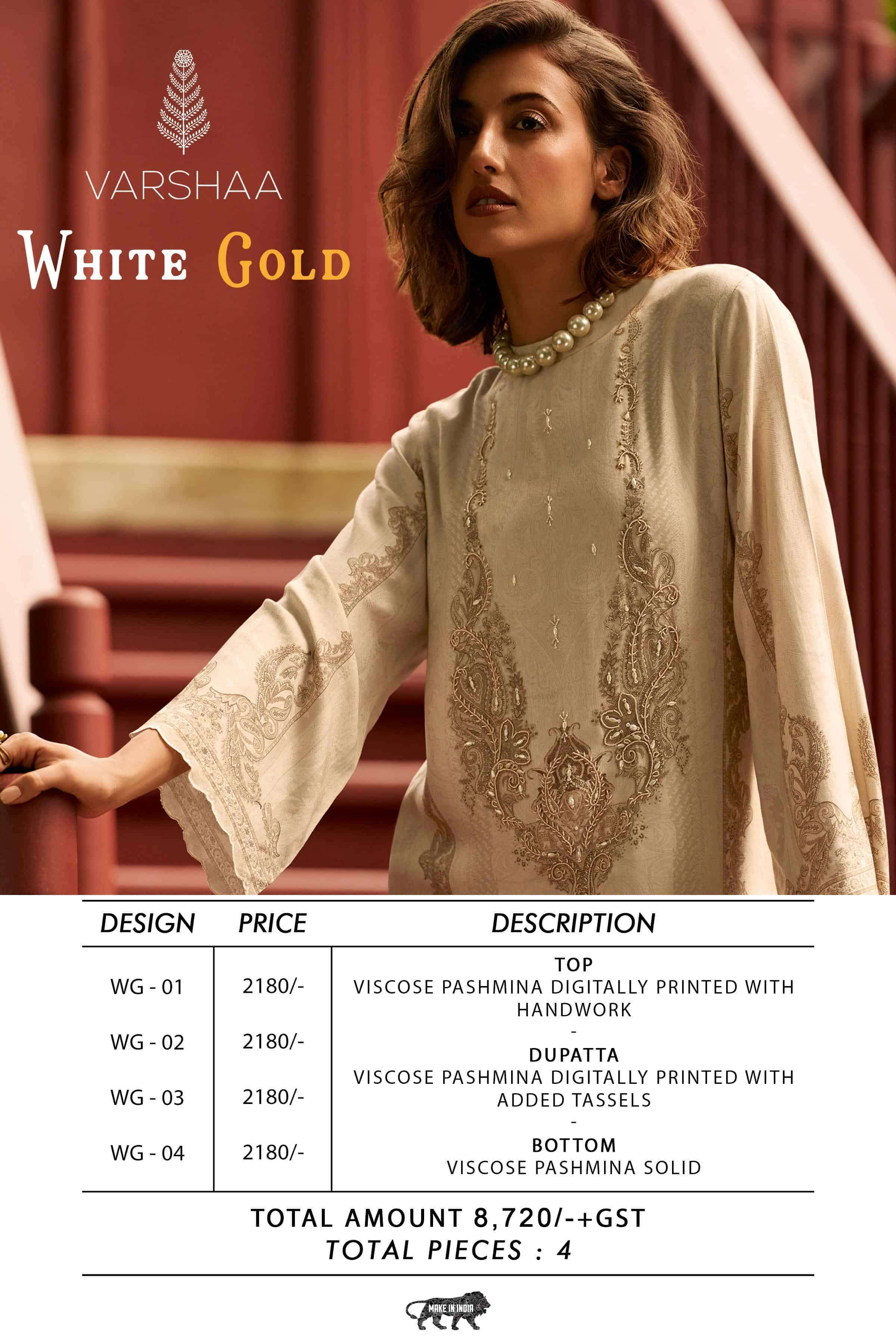 VARSHA WHITE GOLD PASHMINA WINTER SUIT CATALOGUE WHOLESALER IN SURAT 2025