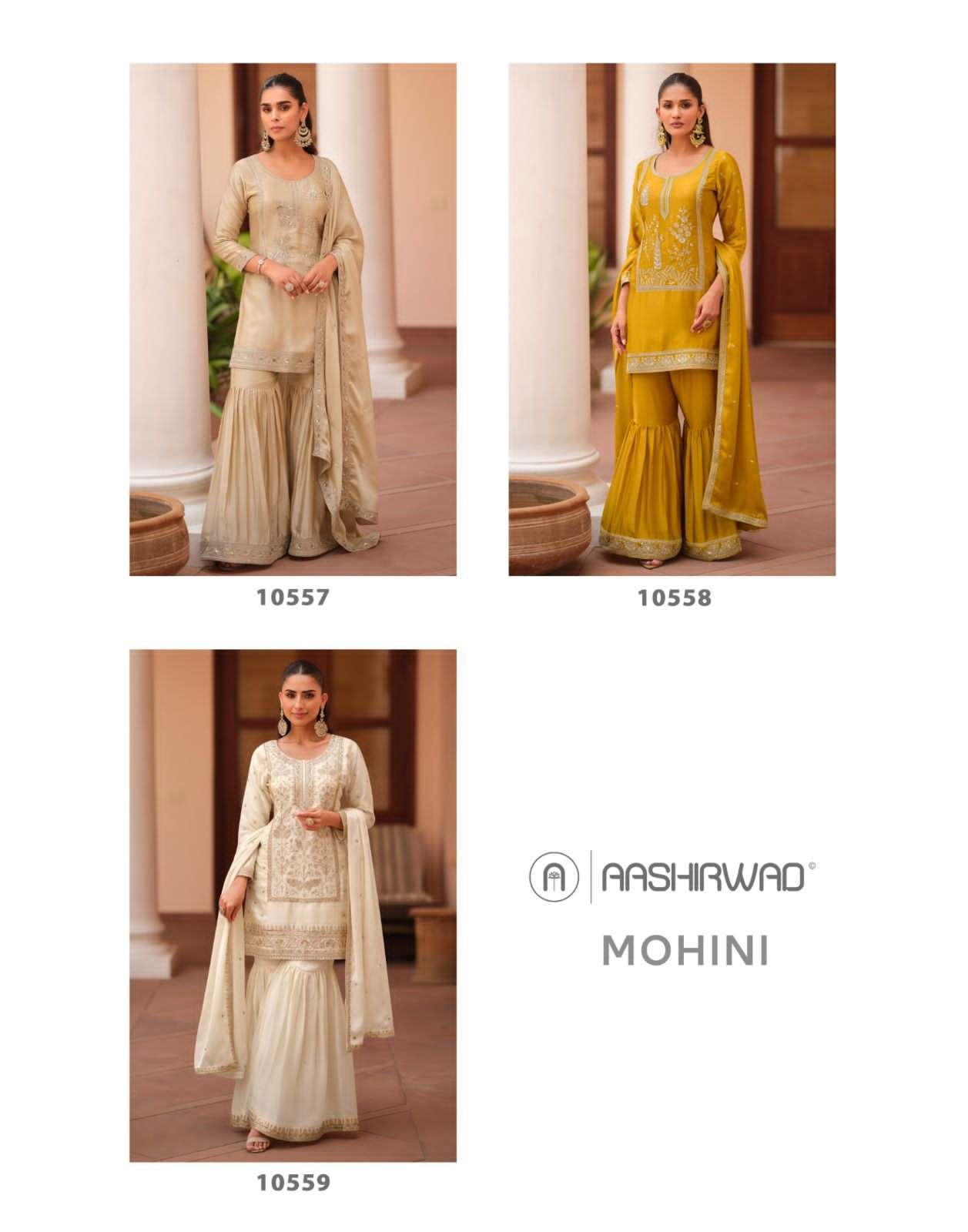 AASHIRWAD CREATION MOHINI 10557 TO 10559 PARTYWEAR SHARARA DRESS LATEST CATALOGUE 2025
