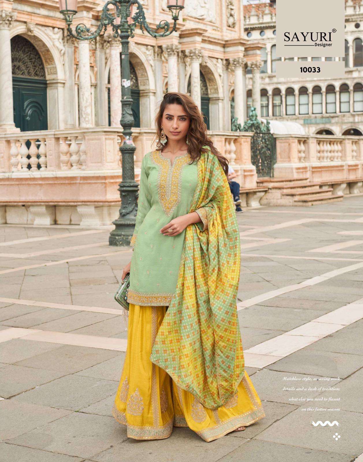 SAYURI TAJ 10031 TO 10035 DESIGNER SHARARA LATEST CATALOGUE WHOLESALER IN INDIA 2025