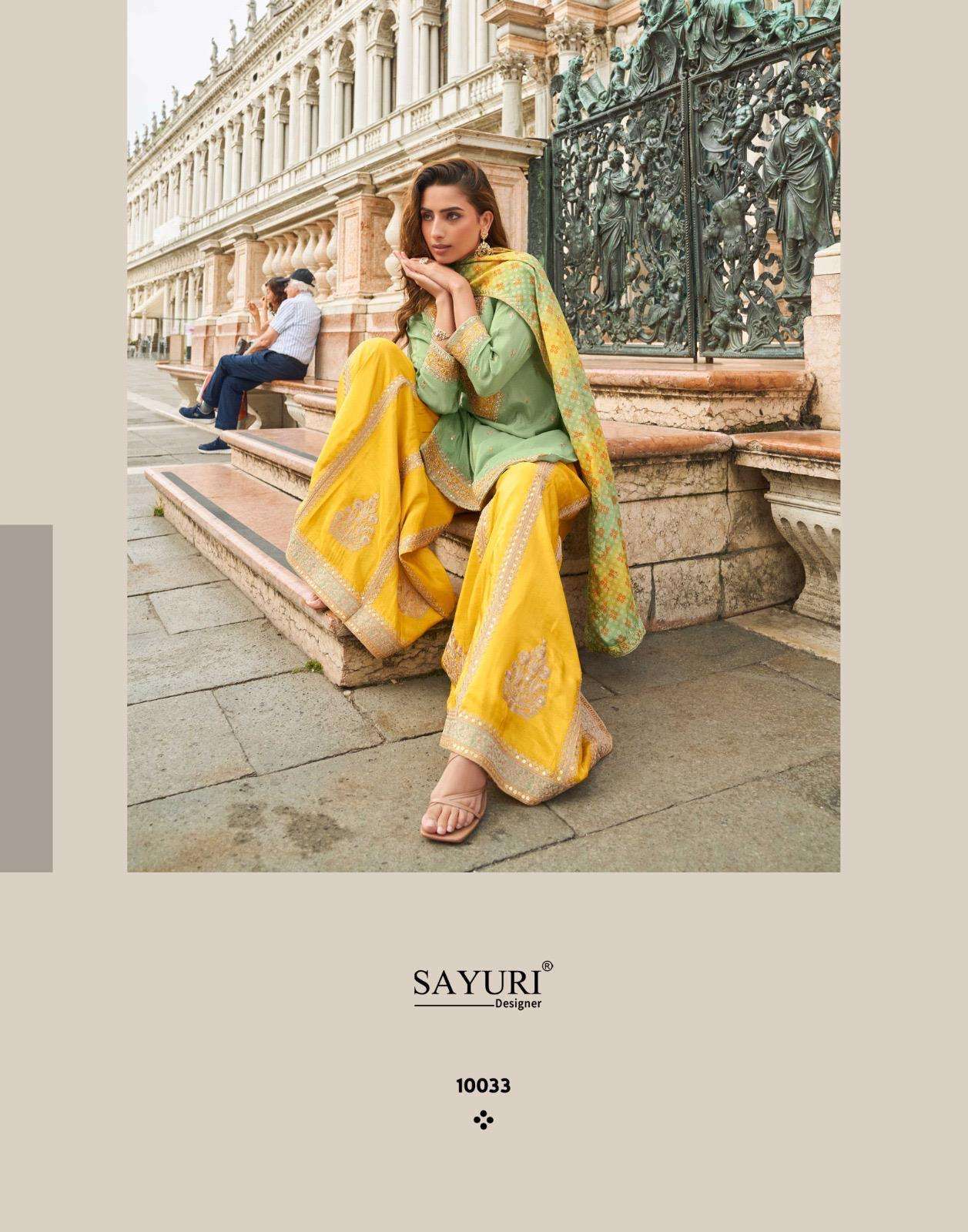 SAYURI TAJ 10031 TO 10035 DESIGNER SHARARA LATEST CATALOGUE WHOLESALER IN INDIA 2025