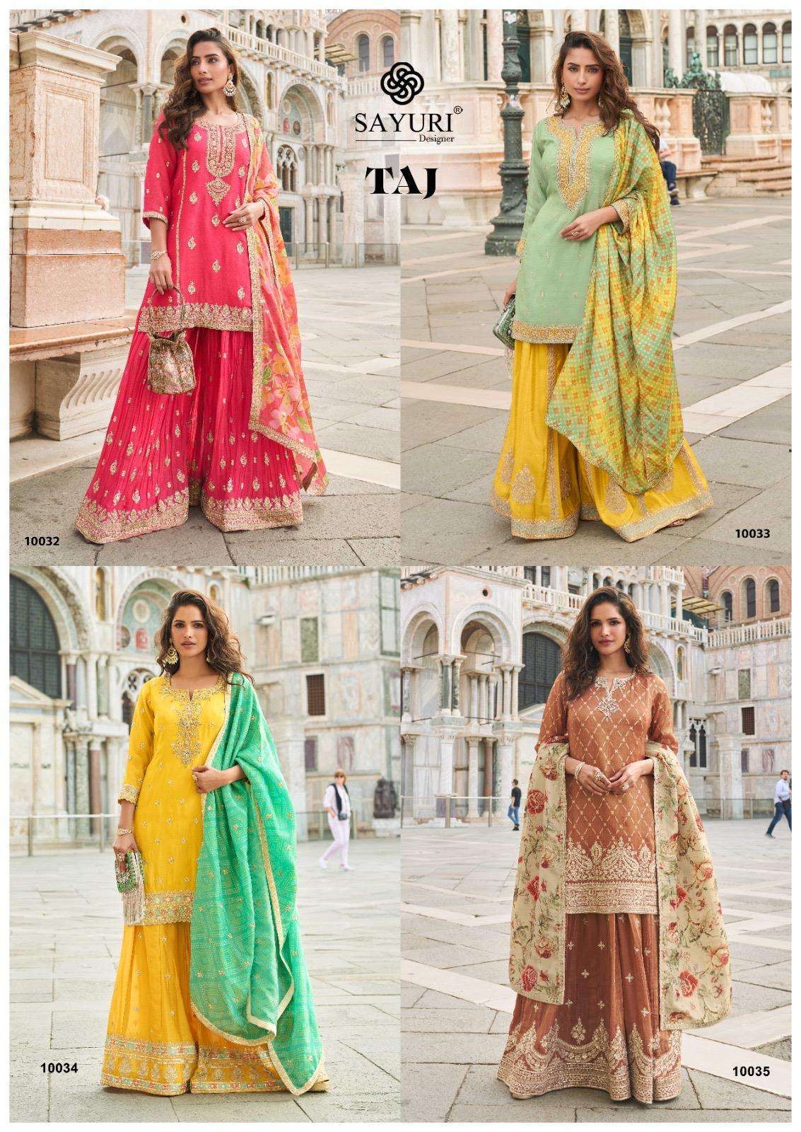 SAYURI TAJ 10031 TO 10035 DESIGNER SHARARA LATEST CATALOGUE WHOLESALER IN INDIA 2025