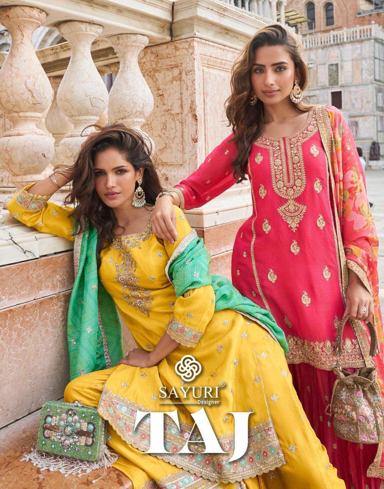 SAYURI TAJ 10031 TO 10035 DESIGNER SHARARA LATEST CATALOGUE WHOLESALER IN INDIA 2025