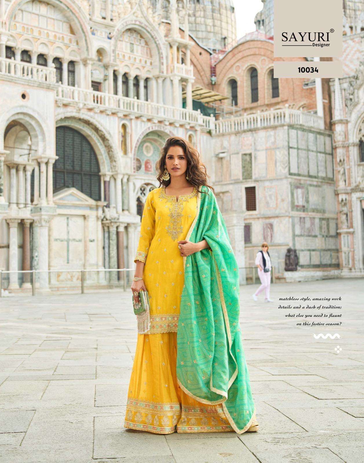SAYURI TAJ 10031 TO 10035 DESIGNER SHARARA LATEST CATALOGUE WHOLESALER IN INDIA 2025