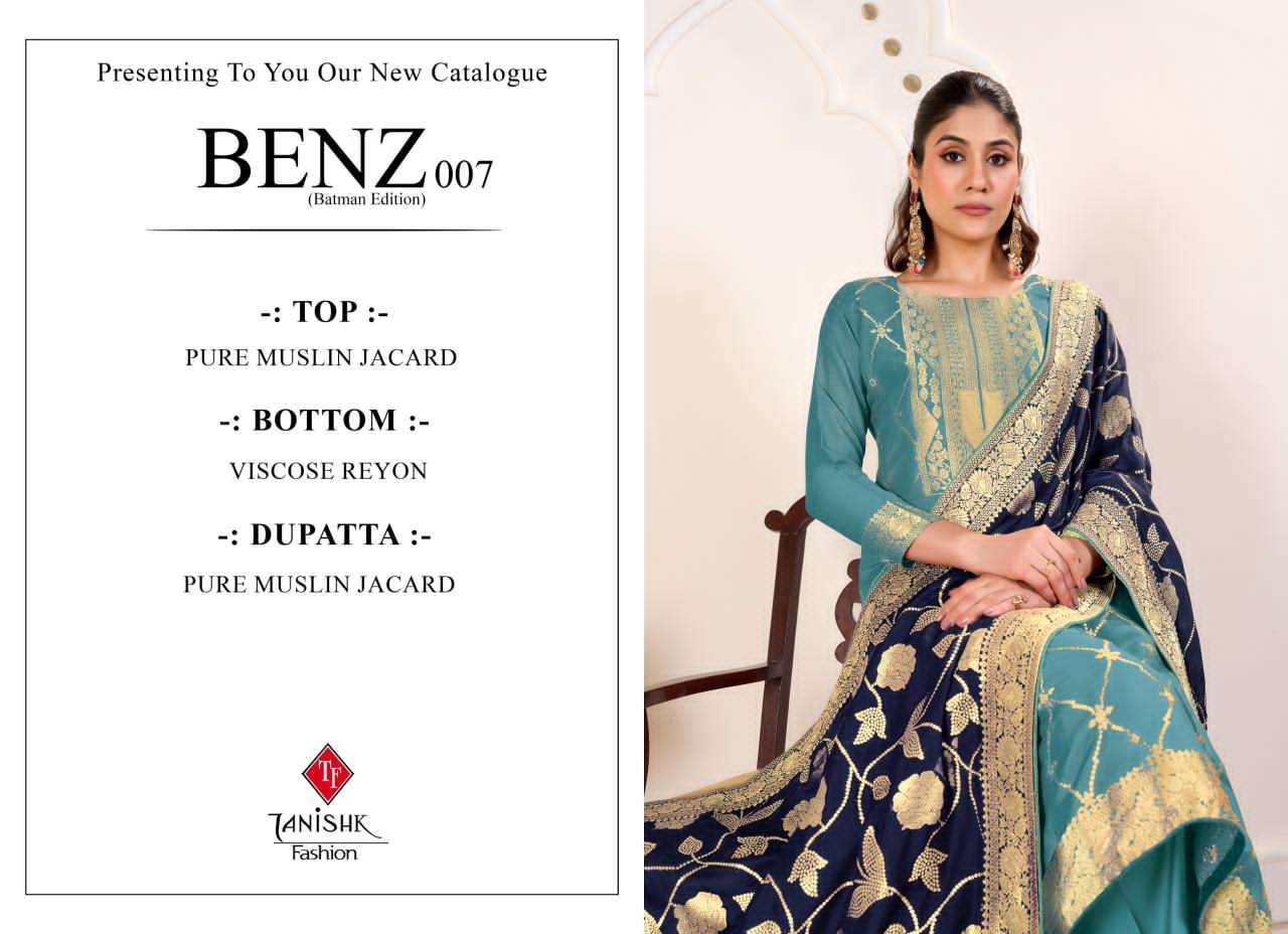 TANISHK LATEST CATALOGUE BENZ 007 PURE MUSLIN JACQUARD DESIGNER SUIT WHOLESALER IN INDIA 2025