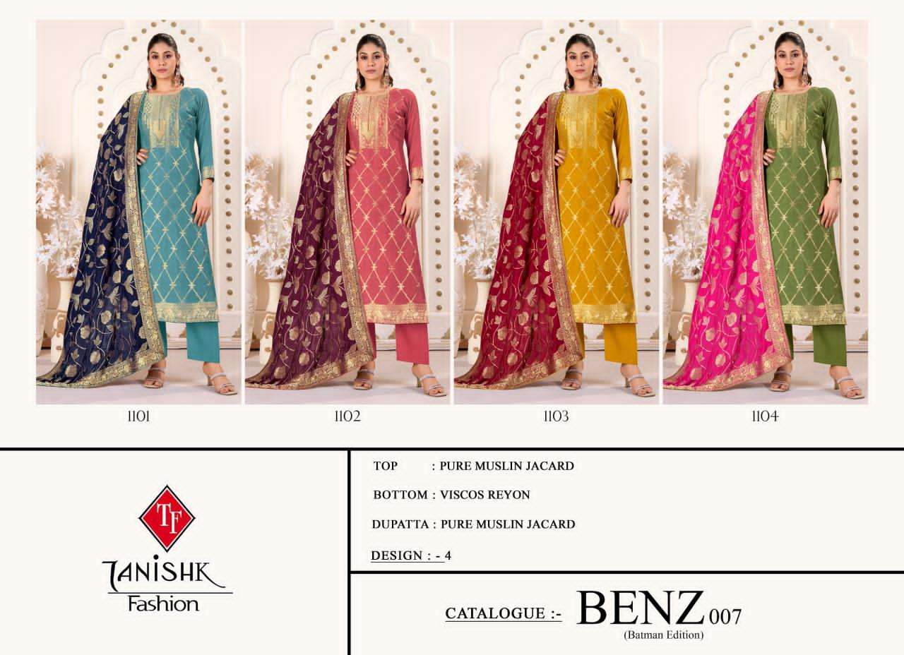 TANISHK LATEST CATALOGUE BENZ 007 PURE MUSLIN JACQUARD DESIGNER SUIT WHOLESALER IN INDIA 2025