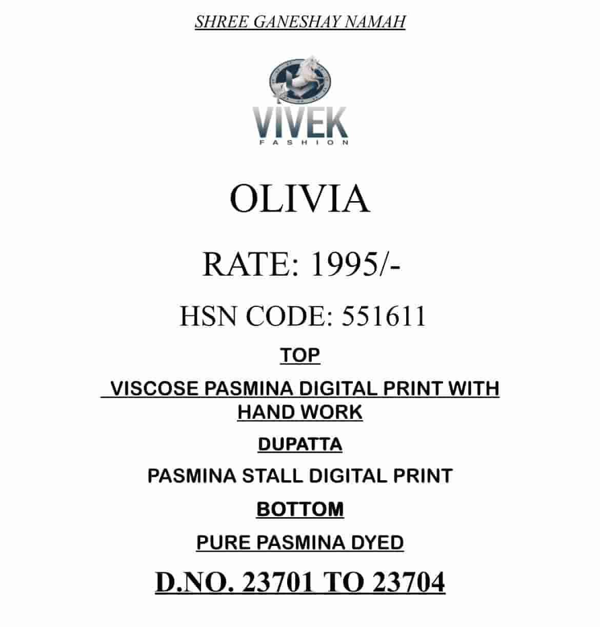 VIVEK FASHION OLIVIA FANCY HANDWORK PASHMINA SUIT CATALOG WHOLESALER IN INDIA 