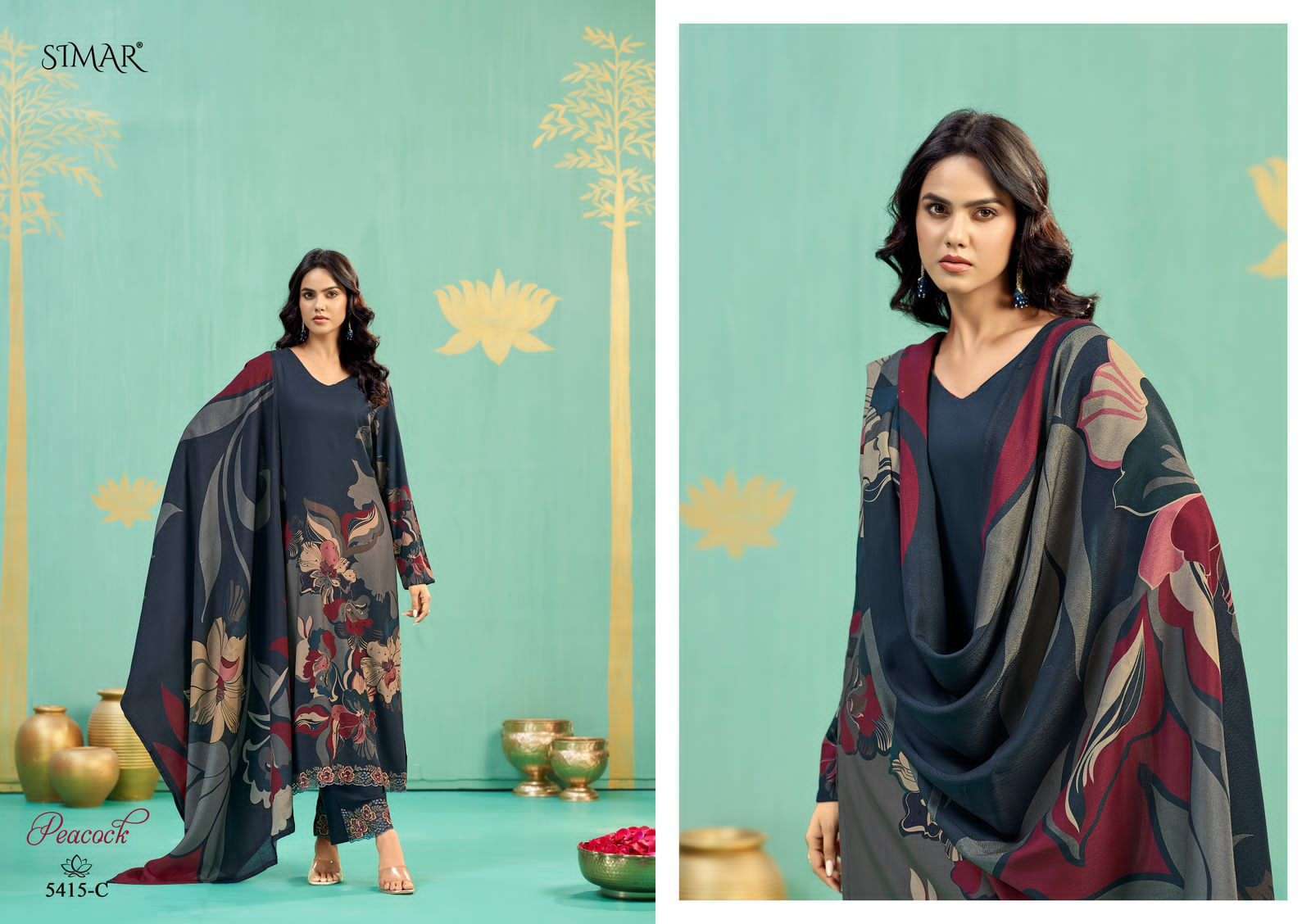 GLOSSY SIMAR PEACOCK PRINTED PASHMINA SUIT CATALOG PASHMINA SUIT EXPORTER 2025