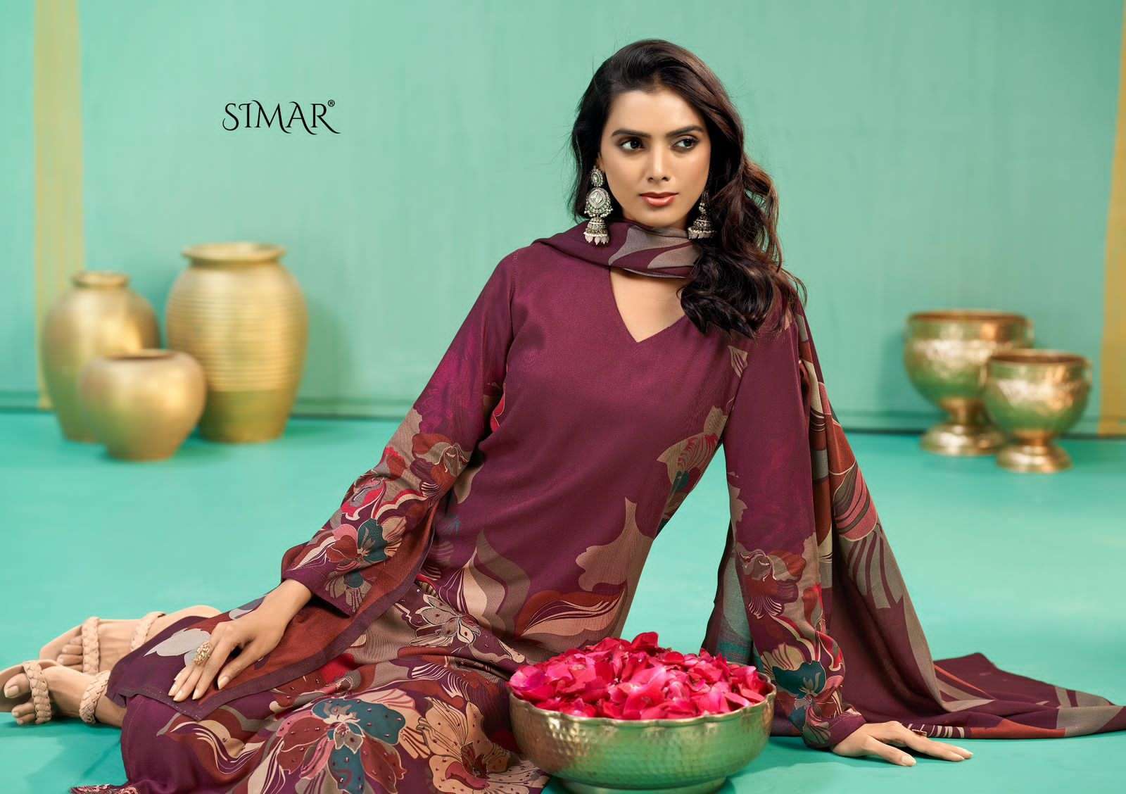 GLOSSY SIMAR PEACOCK PRINTED PASHMINA SUIT CATALOG PASHMINA SUIT EXPORTER 2025
