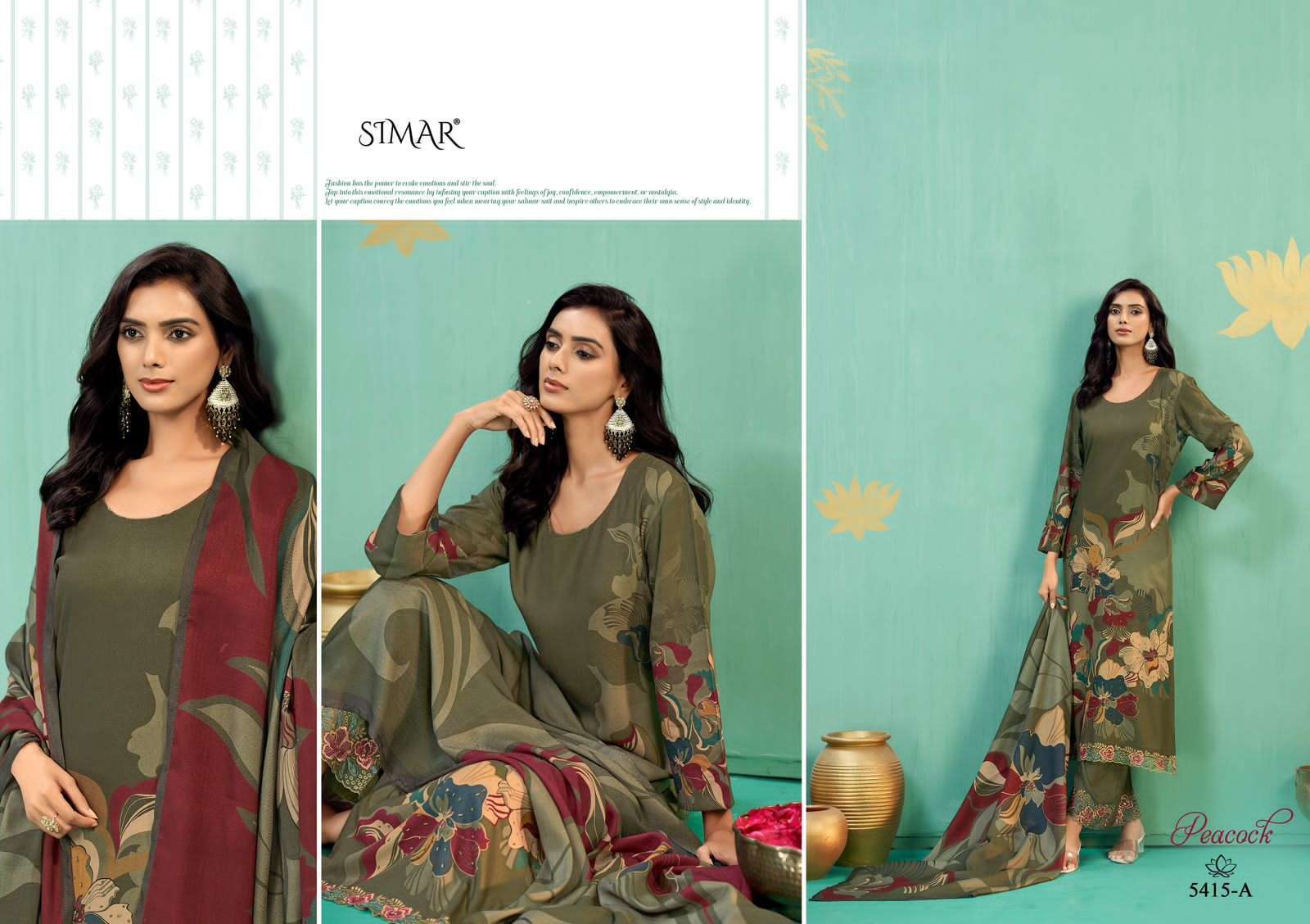 GLOSSY SIMAR PEACOCK PRINTED PASHMINA SUIT CATALOG PASHMINA SUIT EXPORTER 2025