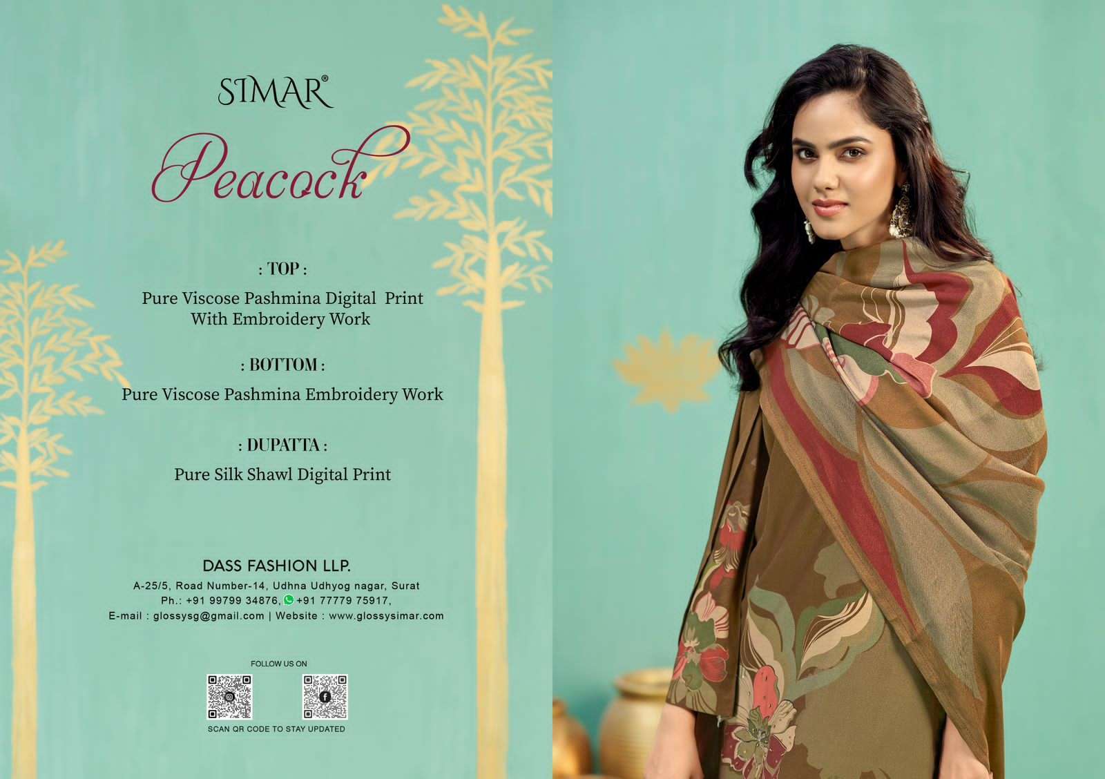 GLOSSY SIMAR PEACOCK PRINTED PASHMINA SUIT CATALOG PASHMINA SUIT EXPORTER 2025