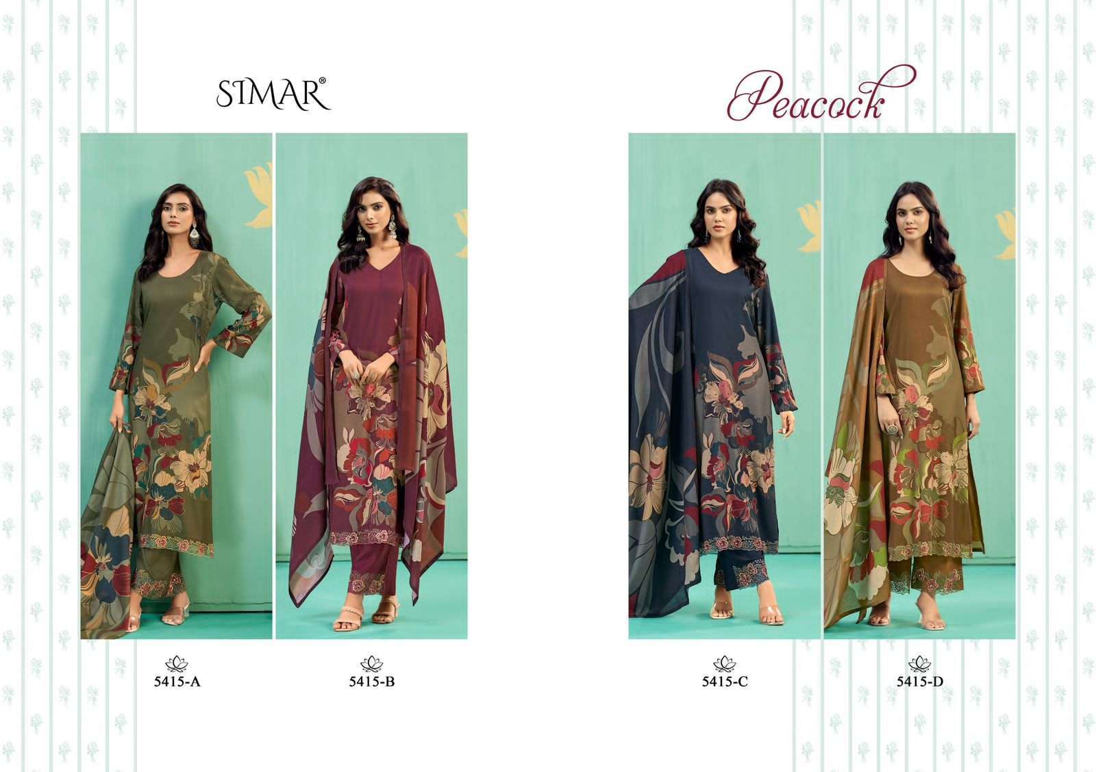 GLOSSY SIMAR PEACOCK PRINTED PASHMINA SUIT CATALOG PASHMINA SUIT EXPORTER 2025