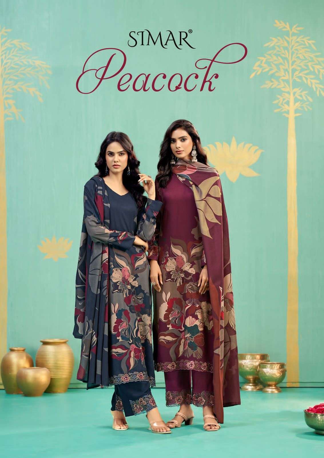 GLOSSY SIMAR PEACOCK PRINTED PASHMINA SUIT CATALOG PASHMINA SUIT EXPORTER 2025