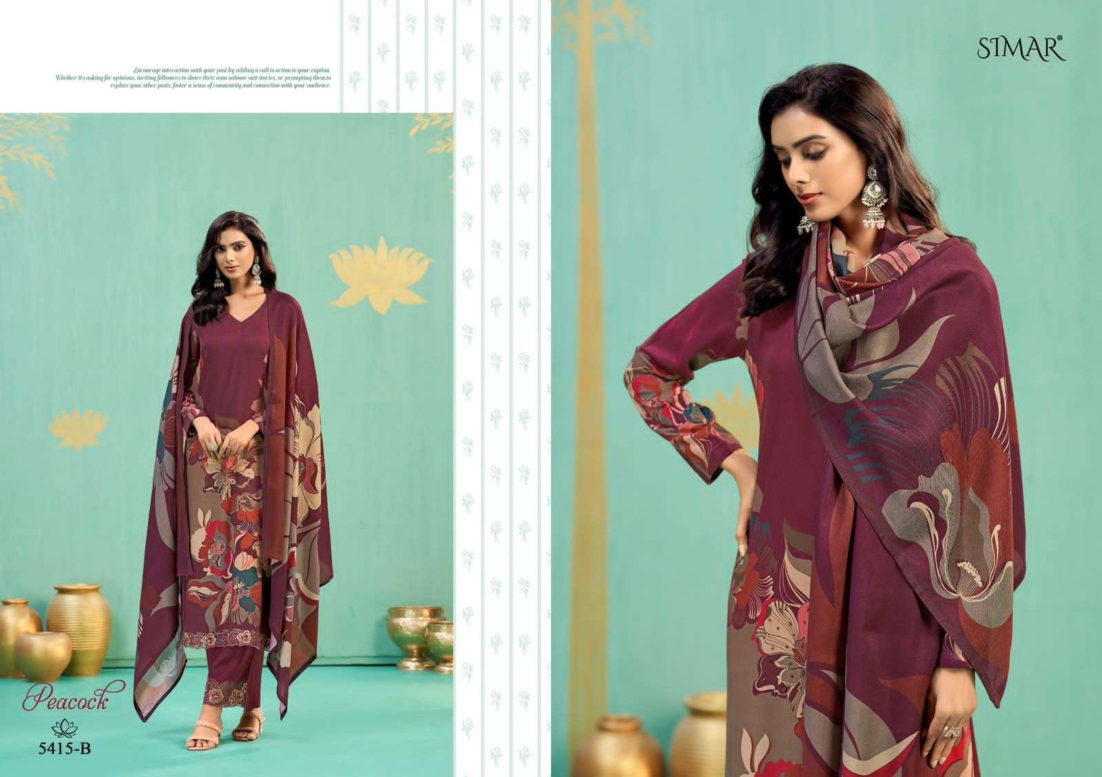 GLOSSY SIMAR PEACOCK PRINTED PASHMINA SUIT CATALOG PASHMINA SUIT EXPORTER 2025