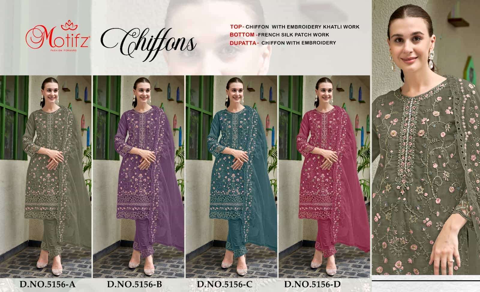 MOTIFZ D 5156 COLORS PAKISTANI CHIFFON EMBROIDERY SUIT WHOLESALER 2025
