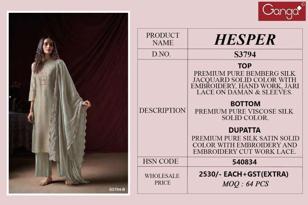 GANGA FASHION LATEST CATALOGUE HESPER 3794 DESIGNER PURE BEMBERG SILK SUIT WHOLESALER 