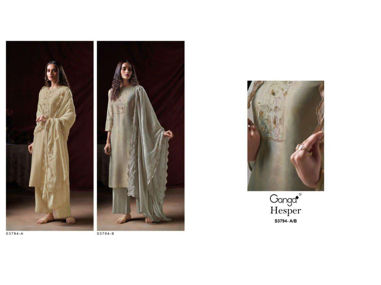 GANGA FASHION LATEST CATALOGUE HESPER 3794 DESIGNER PURE BEMBERG SILK SUIT WHOLESALER 